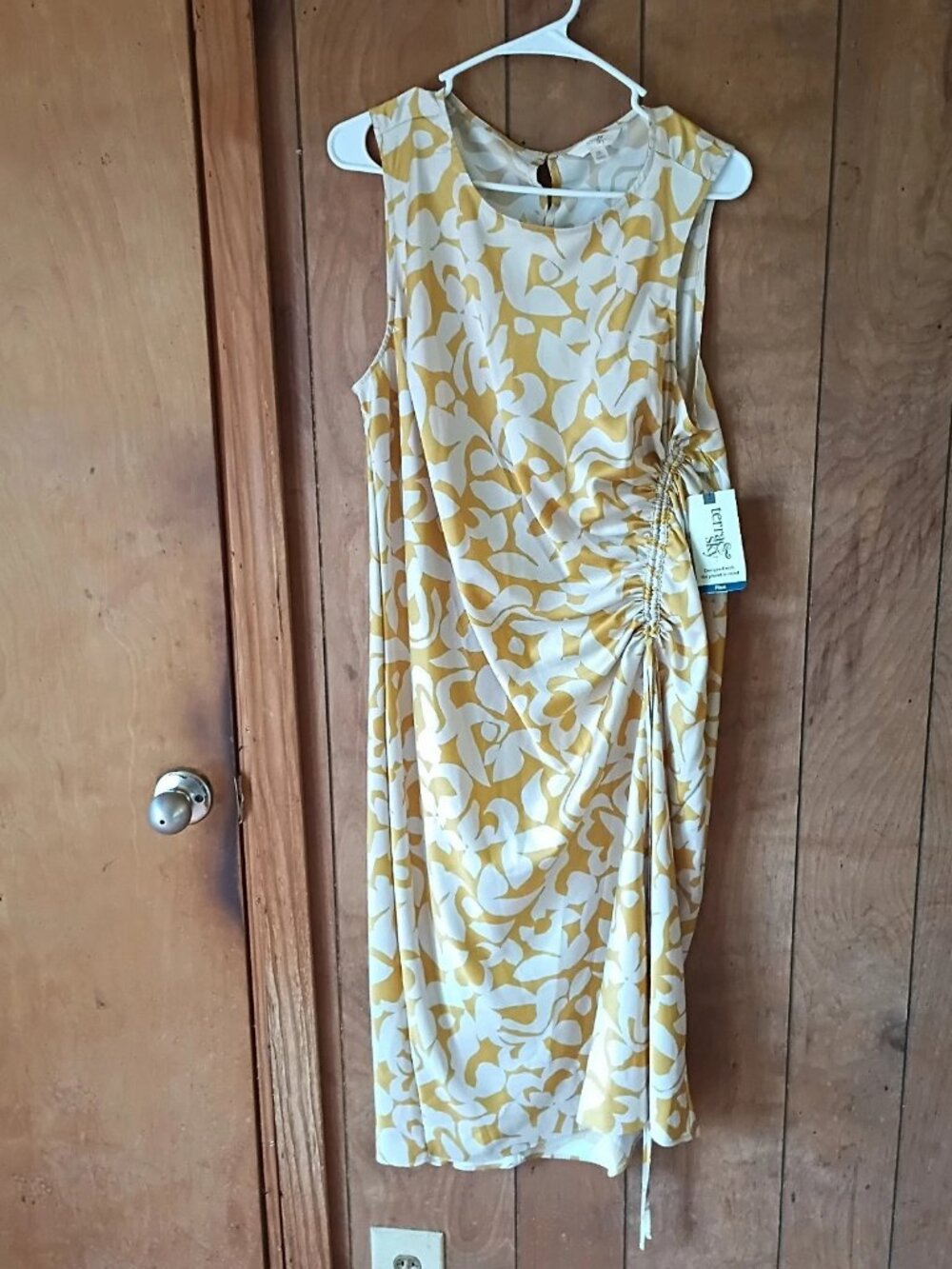 Terra & Sky Women’s Dress 0X 14W Mustard White Floral Ruched Side NWT
